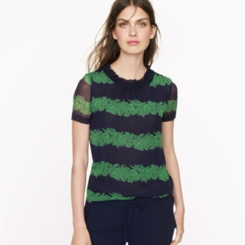 J. Crew Blue and Green Ruffled Blouse with Peter Pan Collar